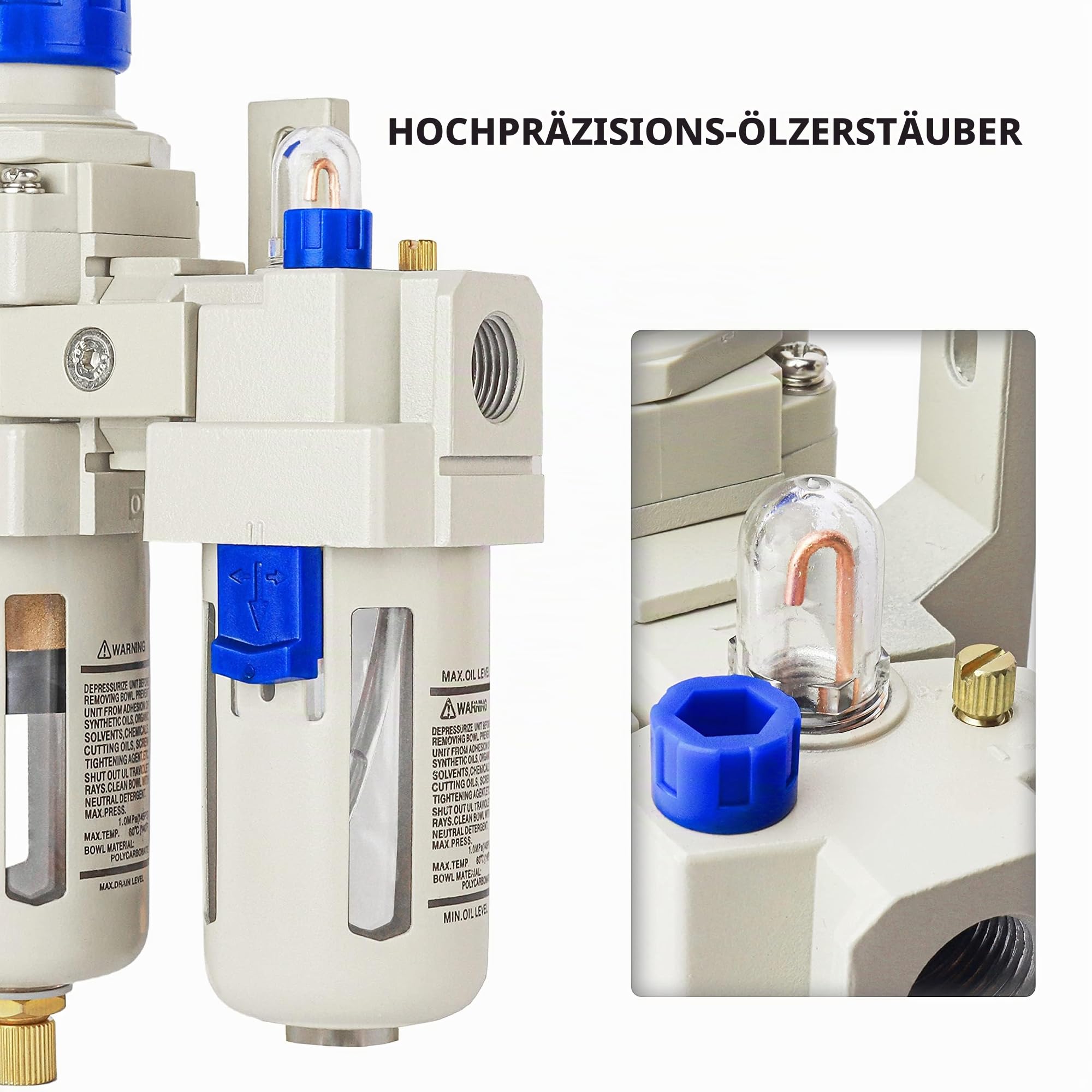 BLCH 3/8" BSP Kompressor-Wasserabscheider - FRL-Kombigerät AC3010-03 mit halbautomat. Ablass, lebensmittelechtem Polycarbonat-Behälter, Manometer (0-160 PSI/11 bar) & 5μm Messing-Filter.