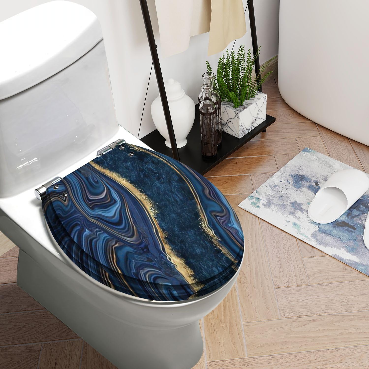 Round Toilet Seat abstract blue marble agate granite golden veins japanese technique Resin Toilet Seat Slow Quiet Close with Quick-Release Hinges Toilet Seat with Cover Easy to Clean Install