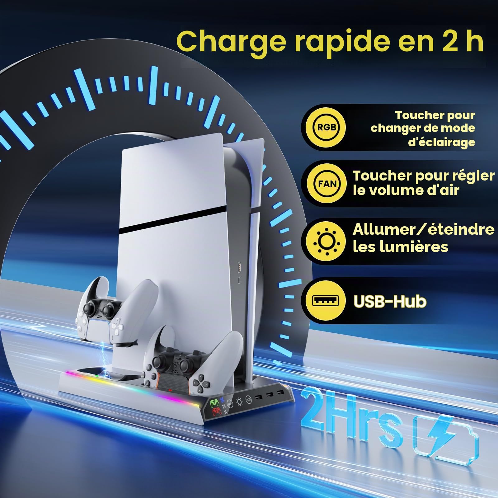 Fenolical Support PS5/Slim/Pro avec Ventilateur de Refroidissement réglable, Support de Chargeur de Refroidissement Vertical PS5 pour PS5/Slim/Pro, Station de Refroidissement Façades, Protections