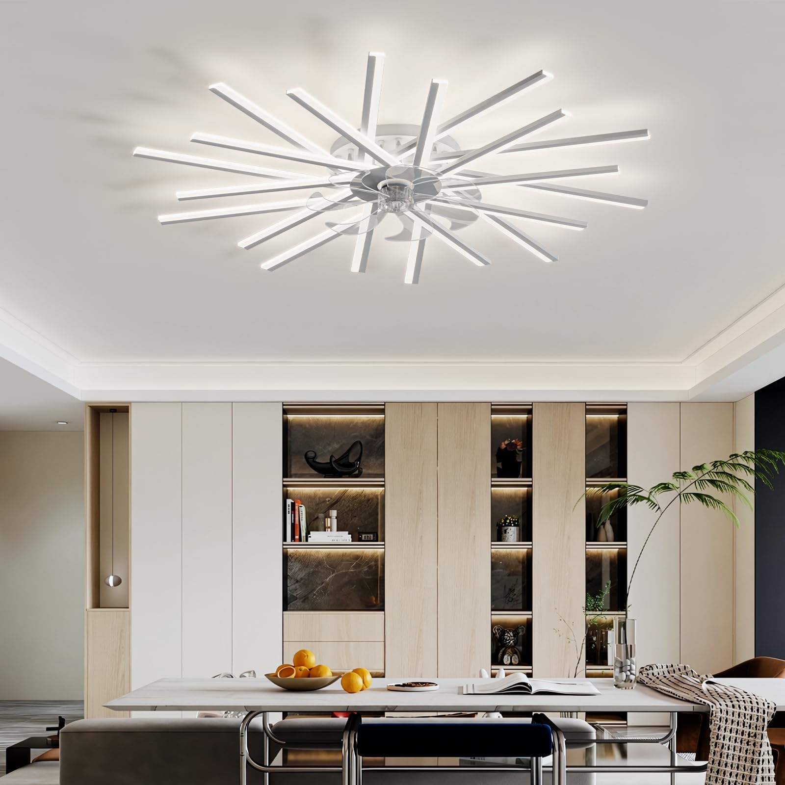 Lampadario Con Ventilatore Da Soffitto Memoria Dimmerabile LED Soggiorno Ventilatore Da Soffitto Con Luce 6 Velocità Reversibile Plafoniera Con Ventilatore Con Telecomando E APP-White||100CM