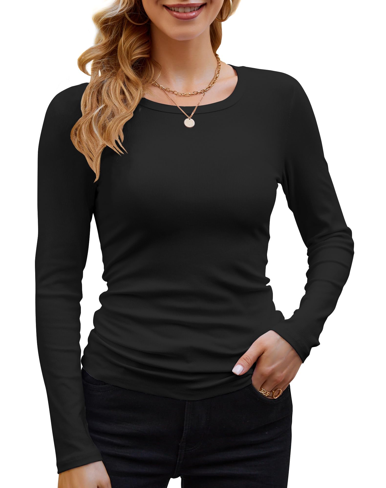 DUOEASE Langarmshirt Damen Rundhal Pullover Elegant Langarm Oberteile Rippshirt Tshirts Basic Tops
