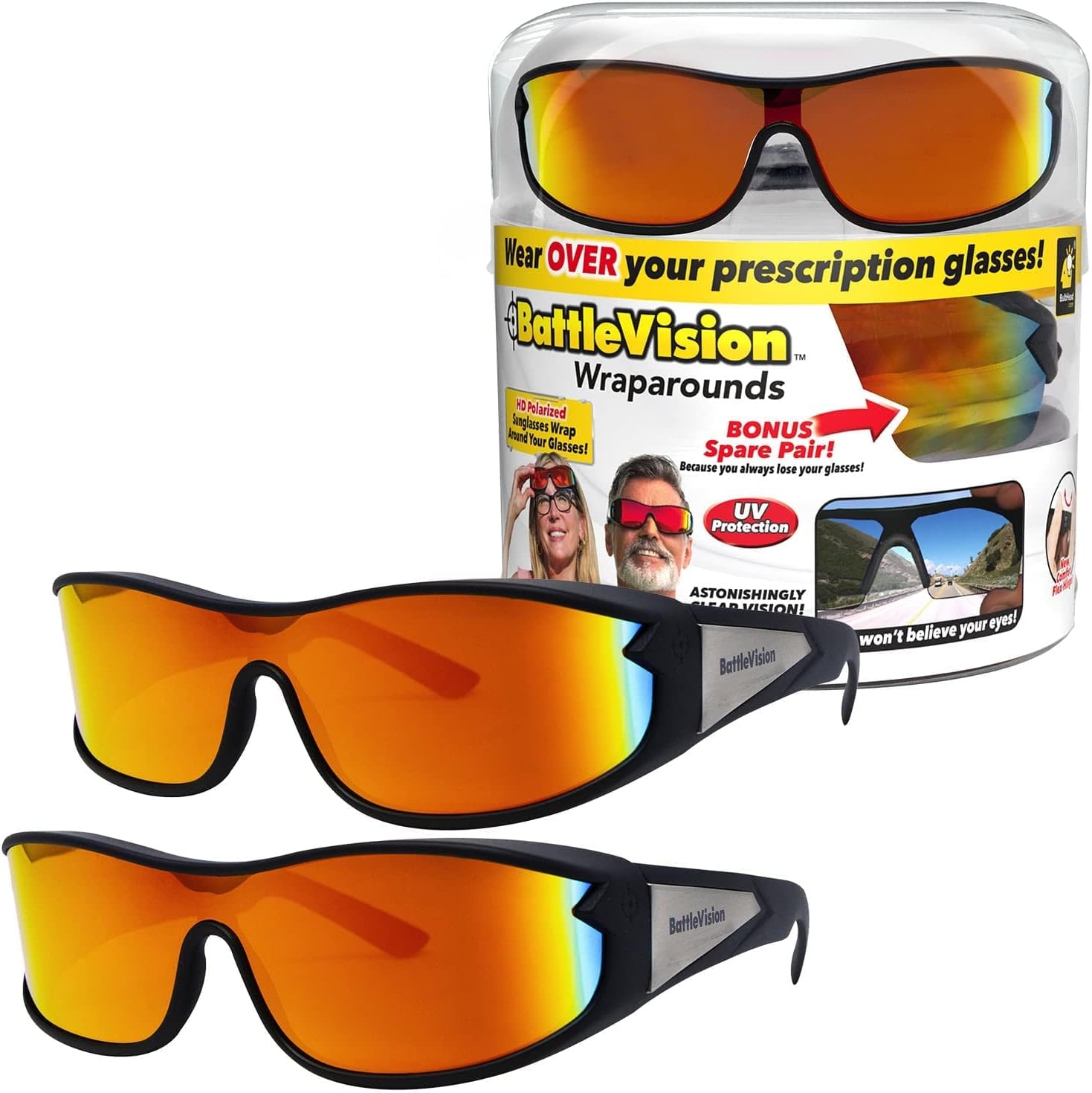 BattleVision Wrap Arounds HD Polarized Sunglasses, AS-SEEN-ON-TV, Fits Over Your Prescription Eyeglasses and Reading, See Clearer, Anti-Glare, Protects Your Eyes by Blocking Blue & UV Rays, Unisex