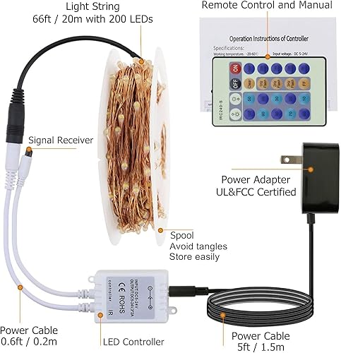 Miniatura 8 de RUICHEN Guirnalda de luces rosadas enchufables, 66 pies, 200 luces LED parpadeantes con control remoto, cable de cobre regulable, impermeable, luces