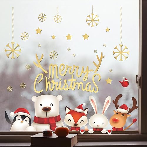 Miniatura 6 de Calcomanías de pared de Navidad, copos de nieve, calcomanías de pared, decoración de ventana de pared, citas doradas, muñeco de nieve, oso, reno,