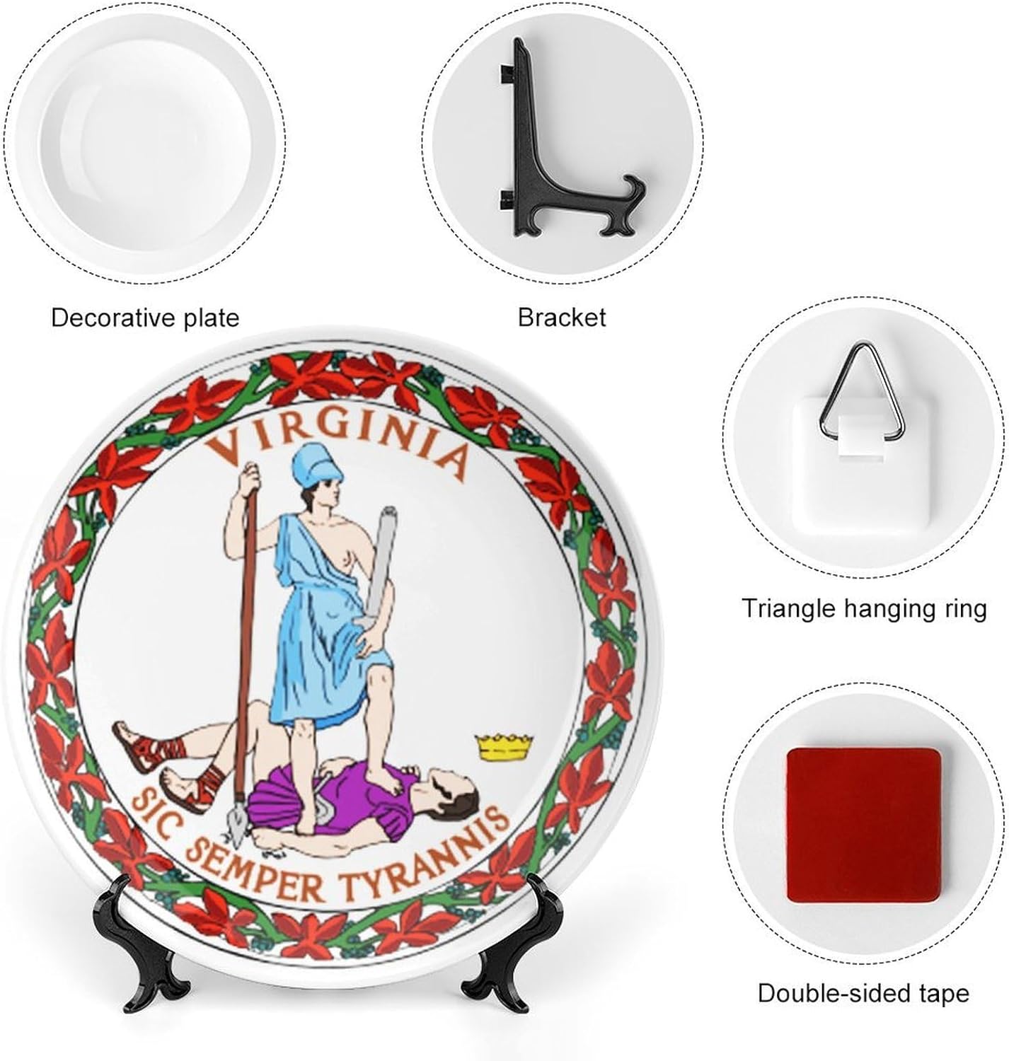 Seal of Virginia State Novelty Decorative Plate with Display Stand Handmade Ceramic Ornament Hanging Wall Decor for Home Office Foyer