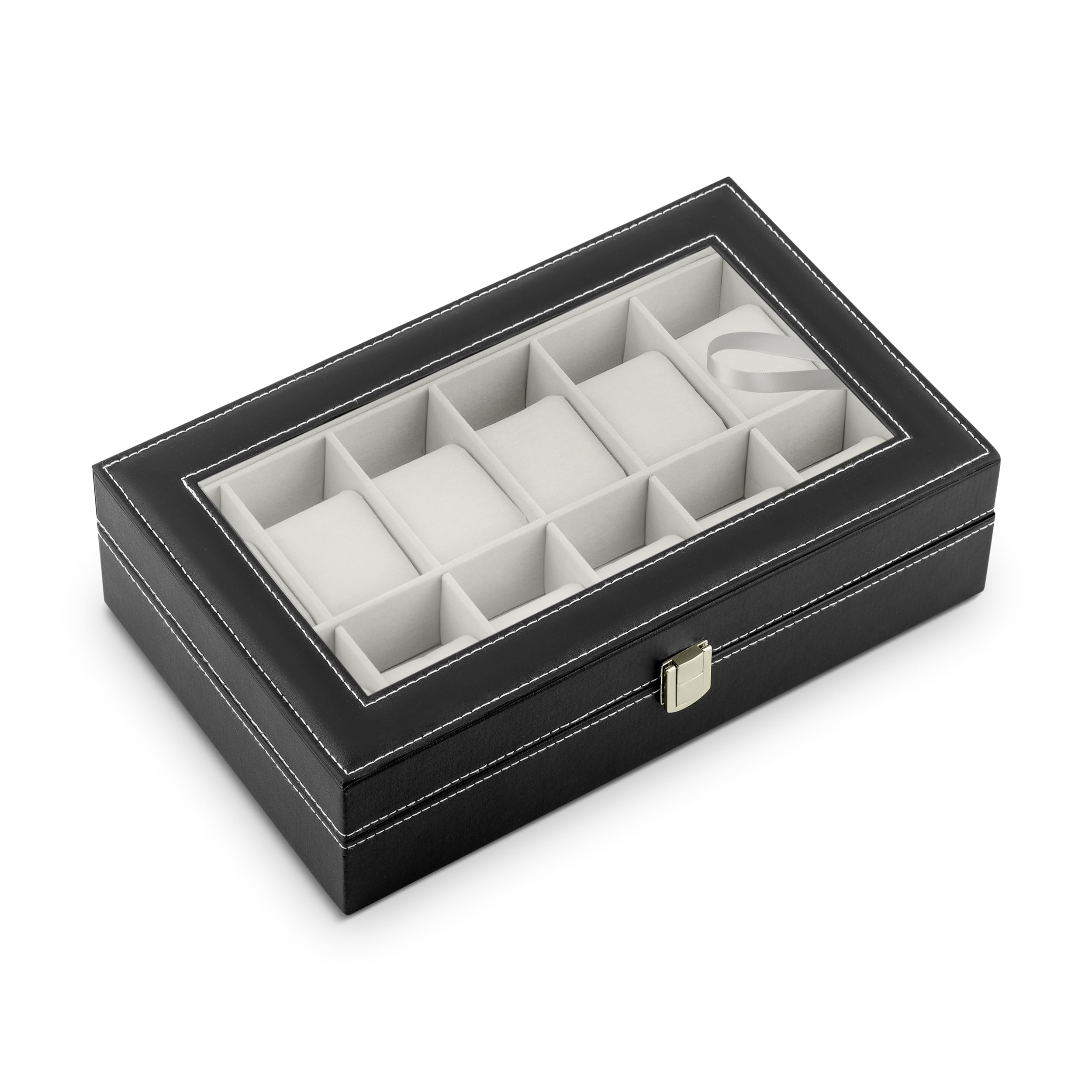 Boîte de rangement pour montres à 12 emplacements avec couvercle en verre noir et beige