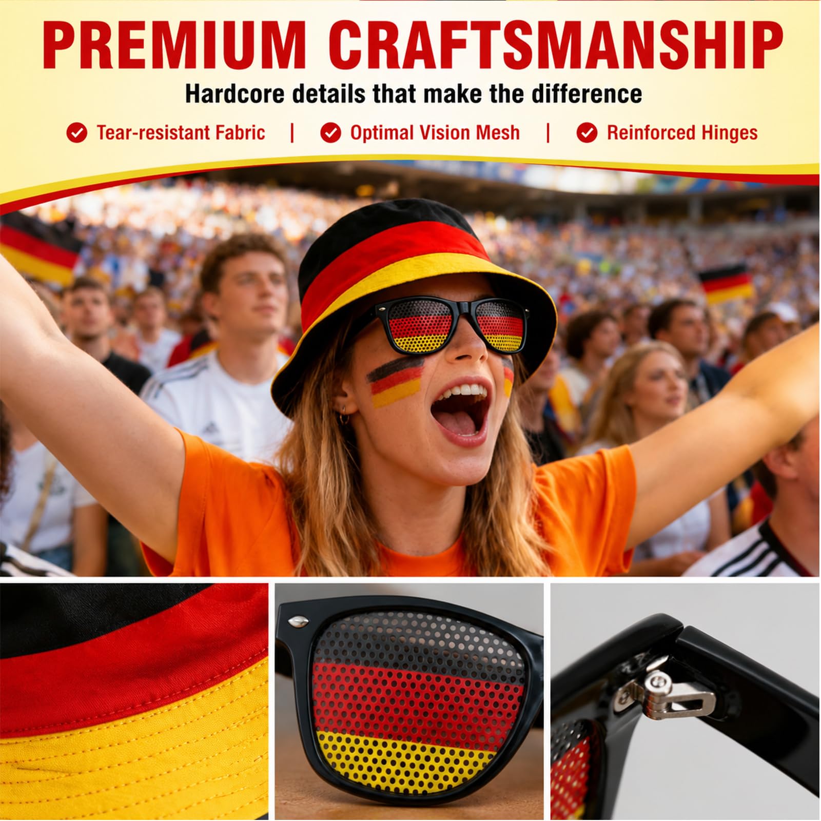 Juego de 2 piezas de artículos para fans de Alemania, accesorios del Mundo con gorra de Alemania, gafas para fiestas de fútbol