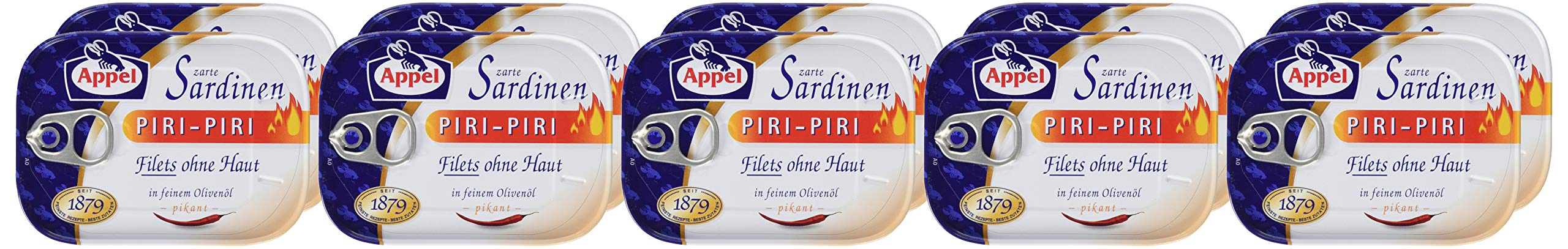 Appel Sardinenfilets - Zarte Ölsardinen Piri Piri – Pikant gewürzte Fischfilets in aromatischem Olivenöl, ohne Haut - 10 x 105 g