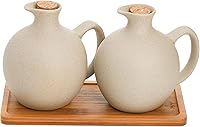 Elsjoy Ceramic Oil & Vinegar Dispenser Set of 2 with Bamboo Tray, 15oz Airtight Cork Bottles - Retro Boho Kitchen Decor for Olive Oil Soy Sauce