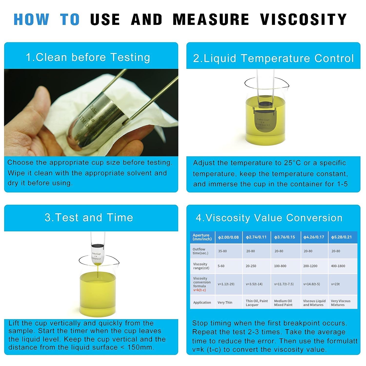 Viscosity Cup No. 1 to No. 5 Zahn Cup, Viscometer Dip Type 44ml Viscosity Cup Kit w/Bracket for Paint Sprayer, Stainless Steel Flow Cup for Oil Paint Finishes Honey Sauce
