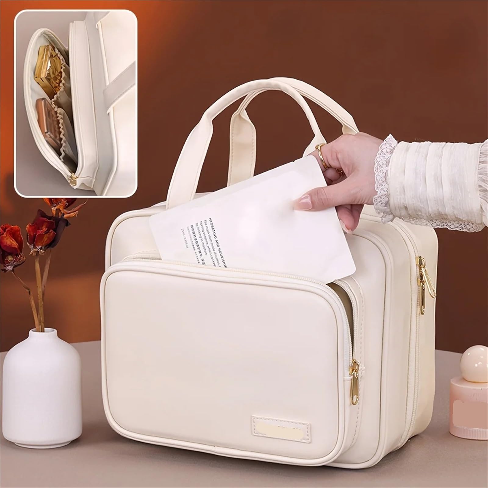 Borsa cosmetica da appendere in pelle 1 pezzo for donna, organizer portatile for trucco, borse viaggio di grande capacità Per Viaggi(Black)