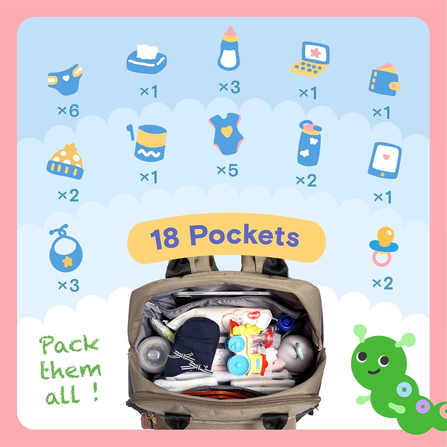 iniuniu Diaper Bag Backpack, 4 in 1 kit Large Unisex Baby Bags for Boys Girls, Waterproof Travel Back Pack with Diaper Pouch - Image 4