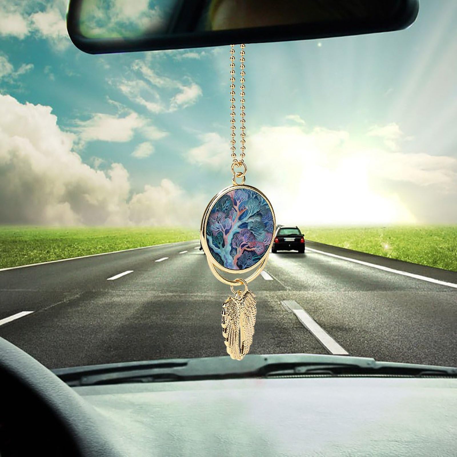 Metal Car Pendant Charms Fan Coral Image Car Rear View Mirror Charms Angel Wing Auto Rearview Mirror Hanging Interior Ornament Pendant Car Accessories for Women Men Car Interior Decor