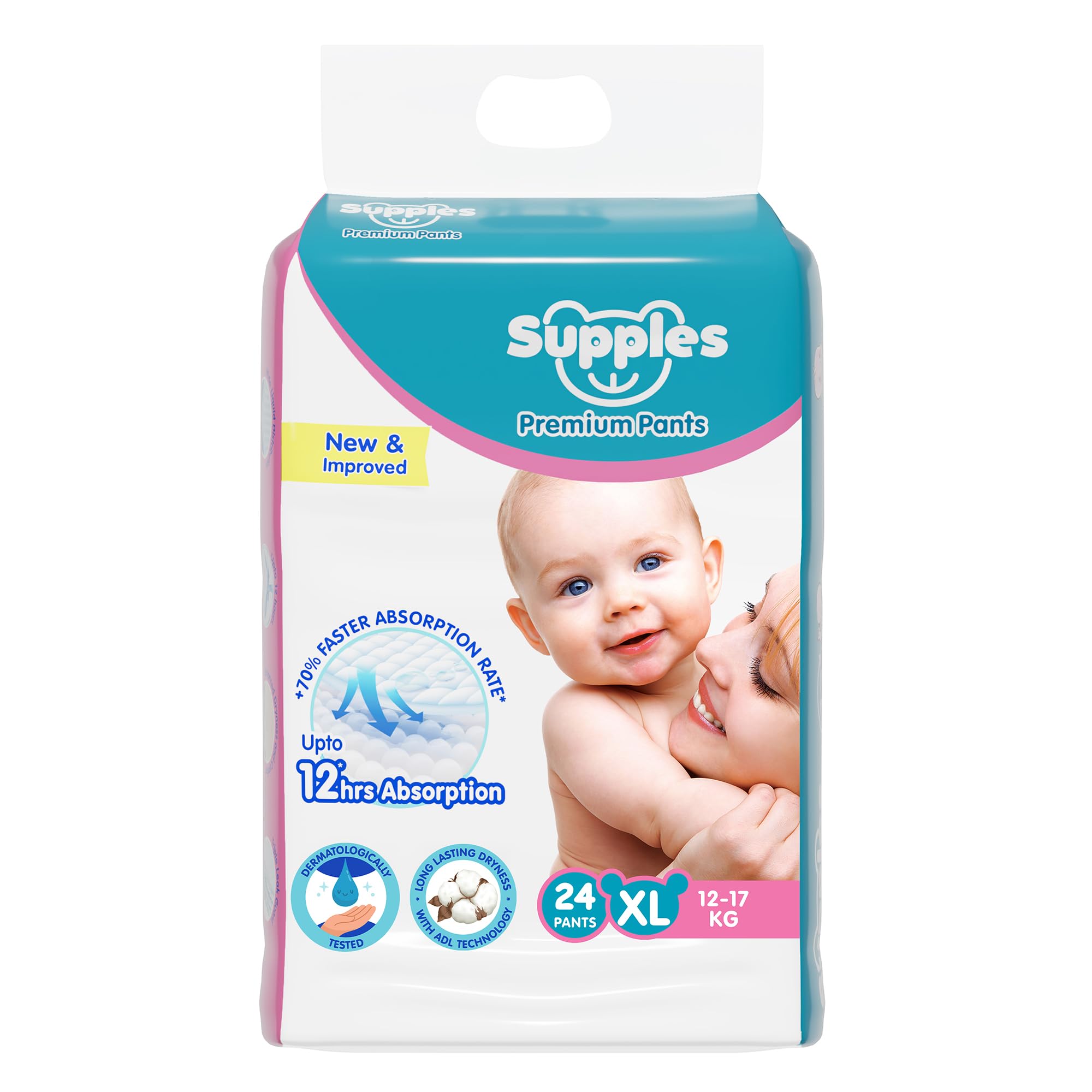 Amazon Brand - Supples Premium Baby Diaper Pants | 24 Baby Diapers | XL | 12-17 Kg | 12 Hrs Absorption | Cushiony Cotton Soft Fabric | Phthalates-Free | Triple Leak Guard (B0CHY35GCF) Amazon Price History, Amazon Price Tracker