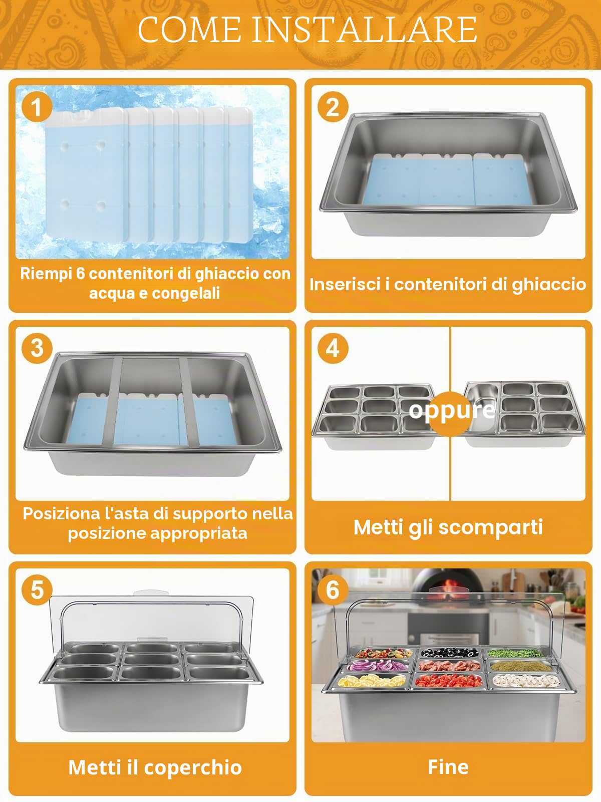 TOROKOM 10 padelle in acciaio inox, contenitore per condimenti, organizer in acciaio inox, per insalata, buffet Station con cucchiai, contenitori refrigeranti a buffet, set per salse, ingredienti