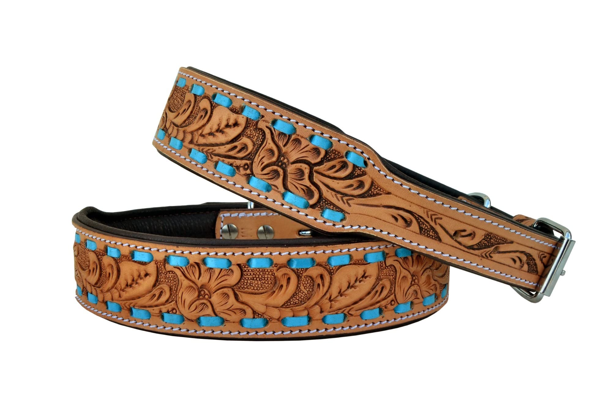 Affilare Leather Dog Collar Western Style Heavy Duty Hand Tooled Adjustable Padded Soft for Puppies and Big Dogs 10AB106-M,Teal Tan Brown Black,Medium (17''-21'' Middle Notch at 19'')