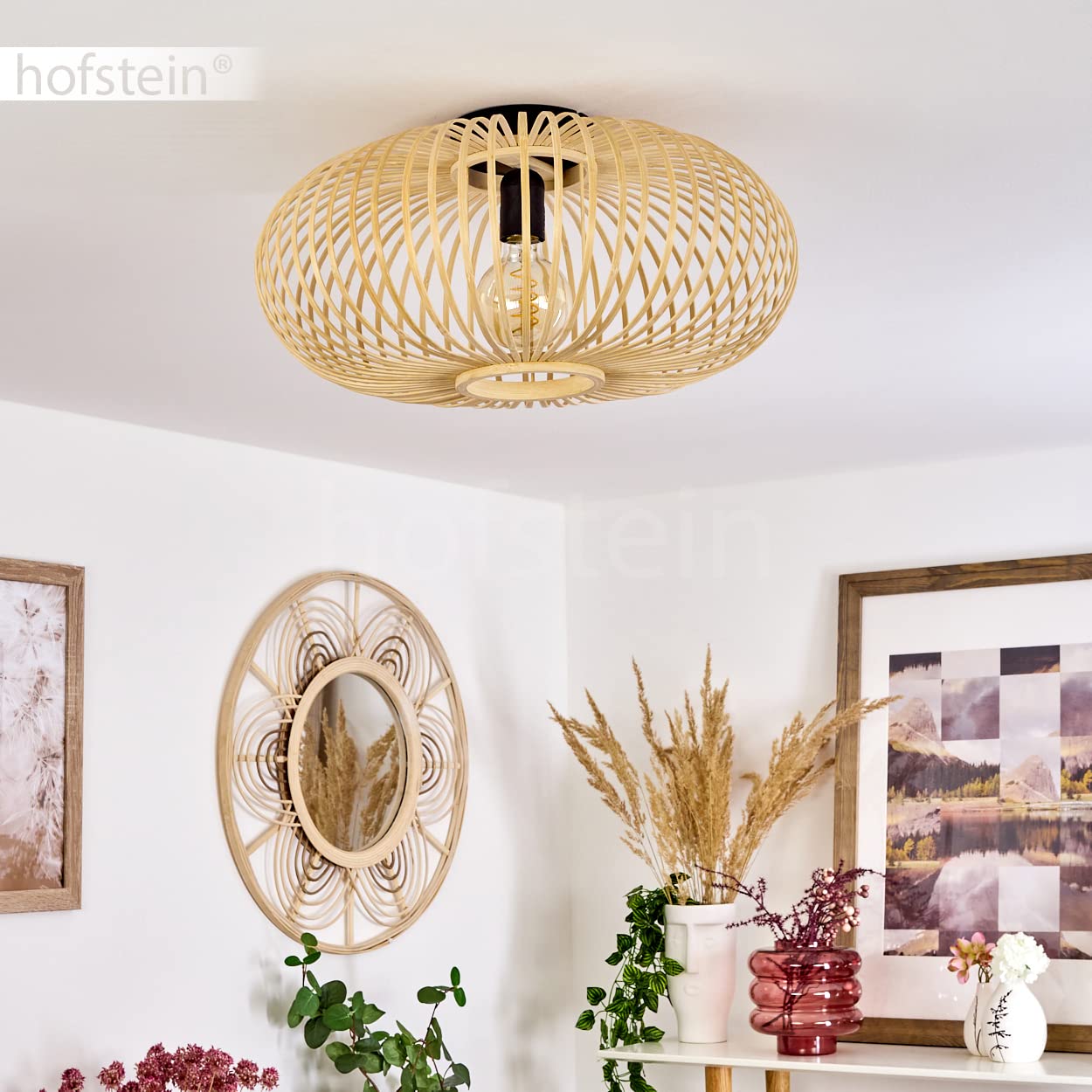 HOFSTEIN Deckenleuchte Oravi, Deckenlampe aus Metall/Holz/Bambus in Schwarz/Natur, Leuchte im Boho/skandinavischen-Design mit tollem Lichteffekt, Ø 45 cm, E27, Wohnzimmer, Esszimmer, Schlafzimmer
