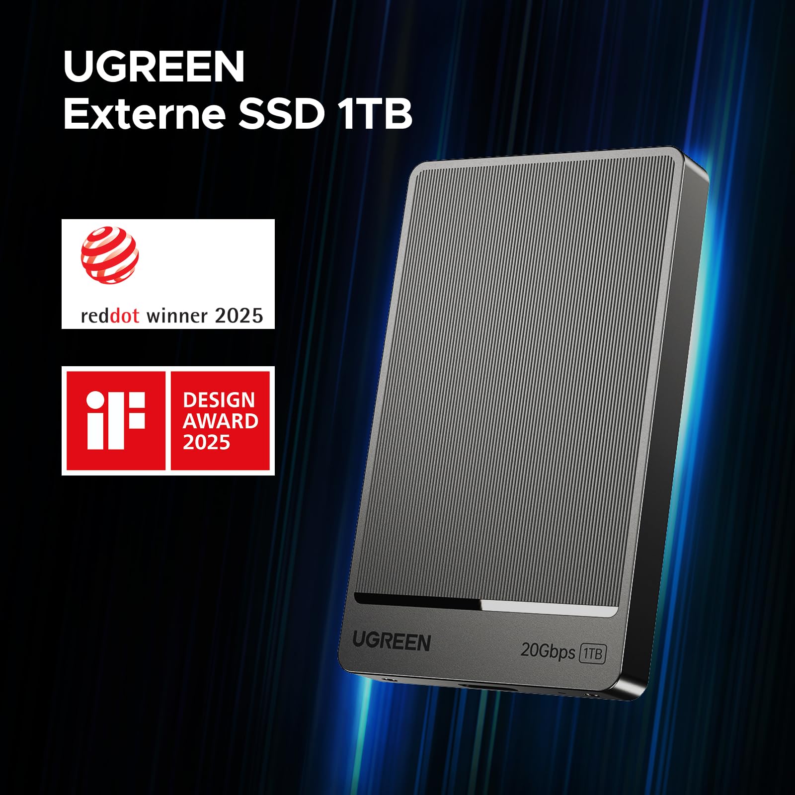 UGREEN Extreme Portable SSD 1 TB, 2.000 MB/s Lesen, 2.000 MB/s Schreiben, USB 3.2 Gen.2x2, Externe Festplatte für Mac, PC, Smartphone, Kamera und MU-PG1T0B/EU