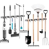 UNIFUN Broom Holder Wall Mount, Broom Organizer Wall Mount Stainless Steel Broom and Mop Hanger Heavy Duty Storage Organization for Home Kitchen Garden Garage Room 5 Racks 4 Hooks (2PACK)(Grey Racks)