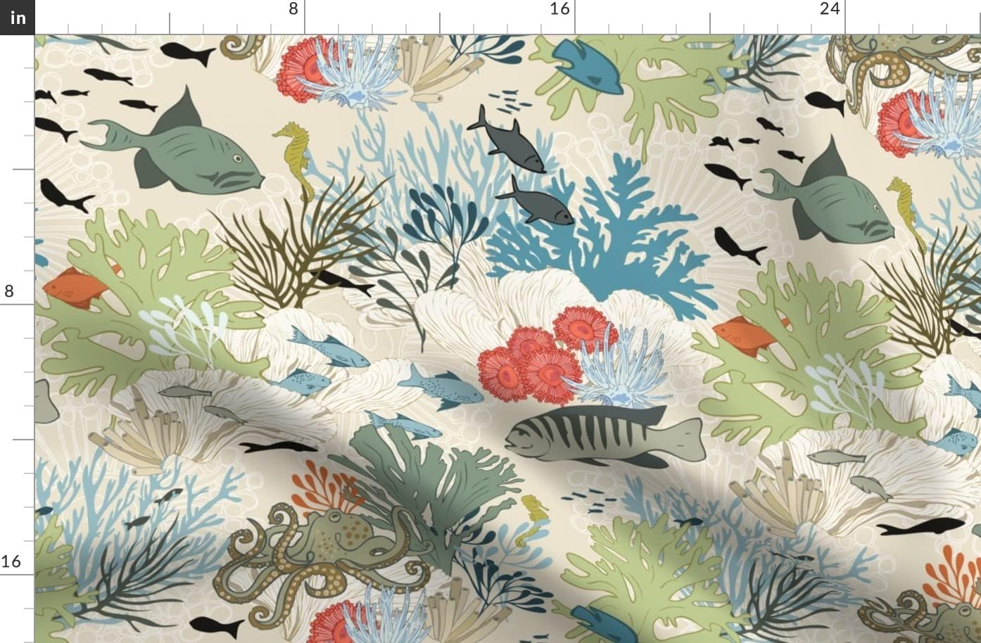 Spoonflower Fabric - Coral Reef Cream Fish Seahorse Ocean Octopus Printed on Organic Cotton Sateen Fabric by The Yard - Sewing Quilting Apparel Home Decor