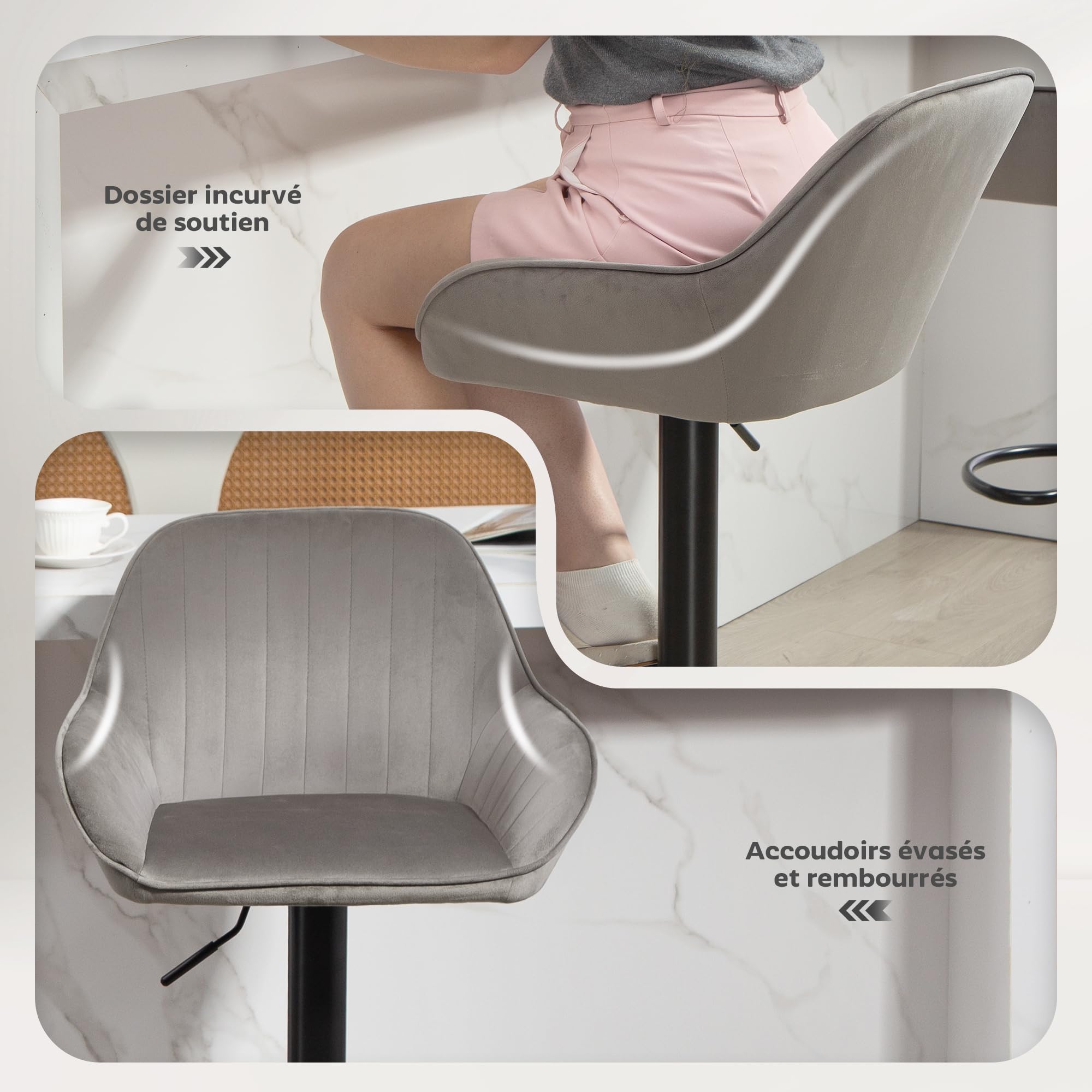 HOMCOM Lot de 2 Tabourets de Bar en Velours Dossier Repose-Pieds Gris