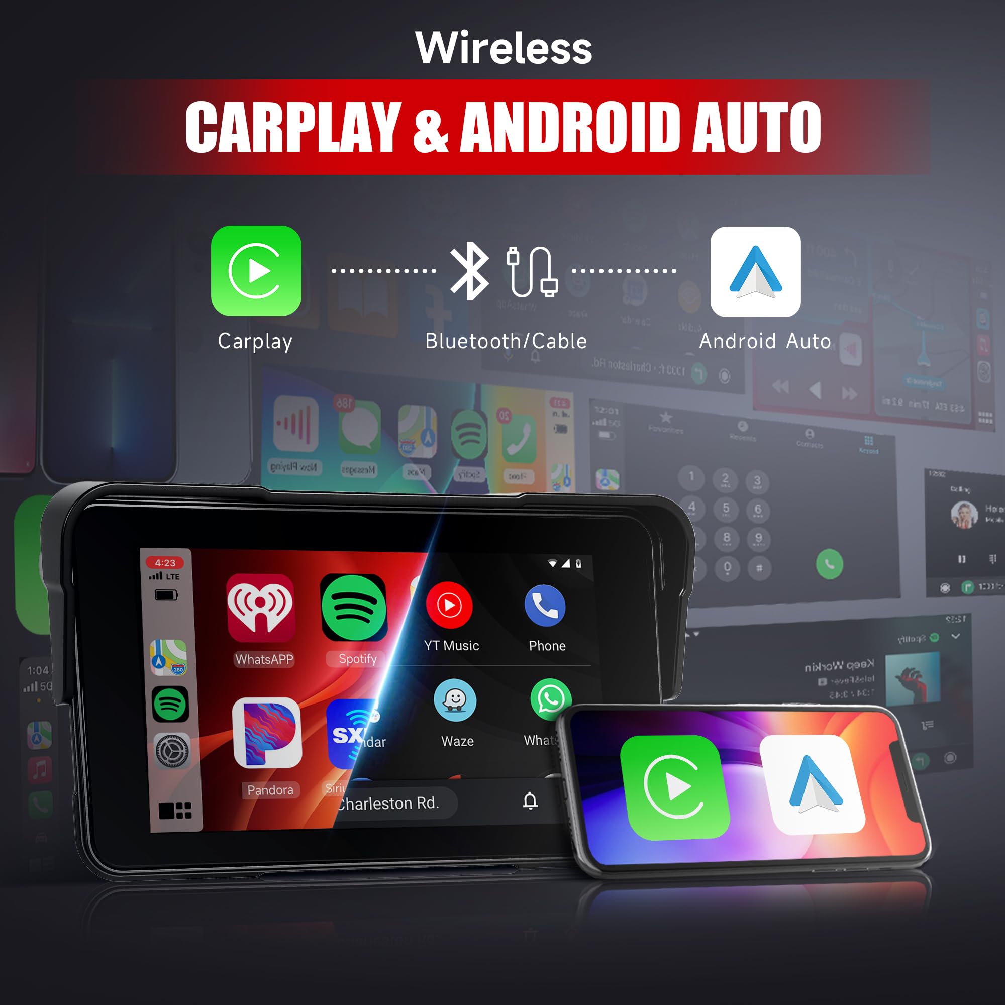 Carplay bezprzewodowy ekran motocyklowy 5 cali ekran dotykowy przenośny radio samochodowe do motocykla, IP68 wodoodporny Android samochód Bluetooth szybki demontaż wykrywanie ciśnienia w oponach 12 V