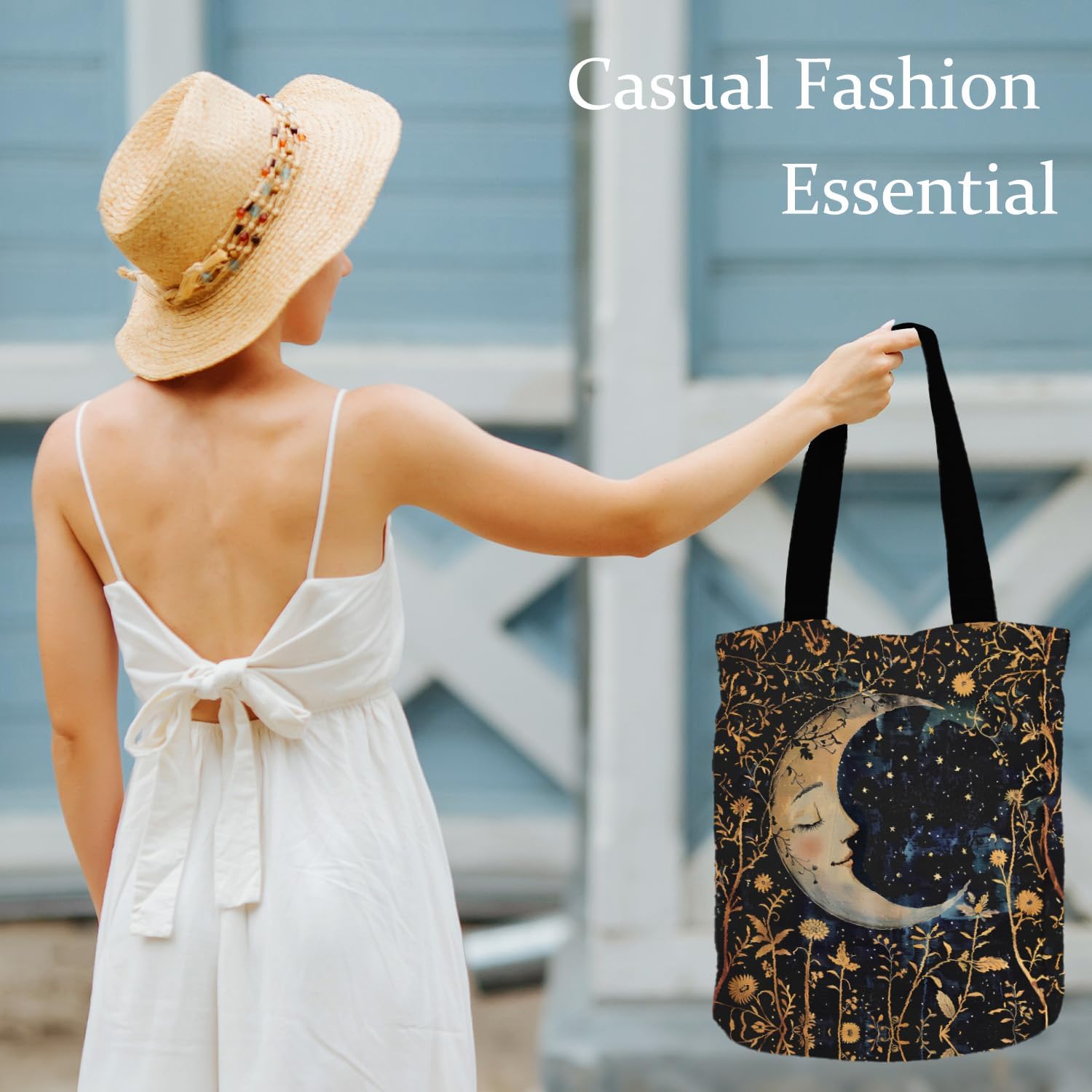 Boho Floral Crescent Moon Tote Bag, Witchy Gothic Moon and Stars Canvas Tote Bags for Women, Mystical Celestial Boho Botanical Reusable Grocery Shopping Bags - Image 2
