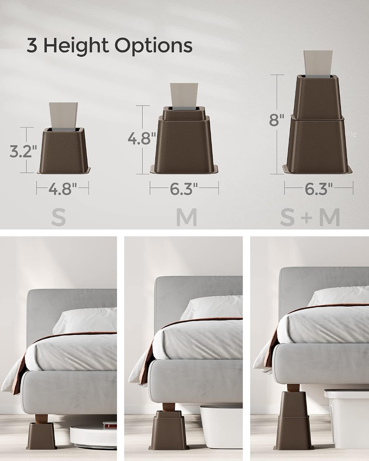 SONGMICS Bed Risers, 4-Pack Furniture Risers, Heavy Duty Bed Lifts in Heights of 3, 5 or 8 Inches, Lifts up to 1300 lb, Stackable Risers for Sofa, Table Legs Extenders, Brown UCDG001K01