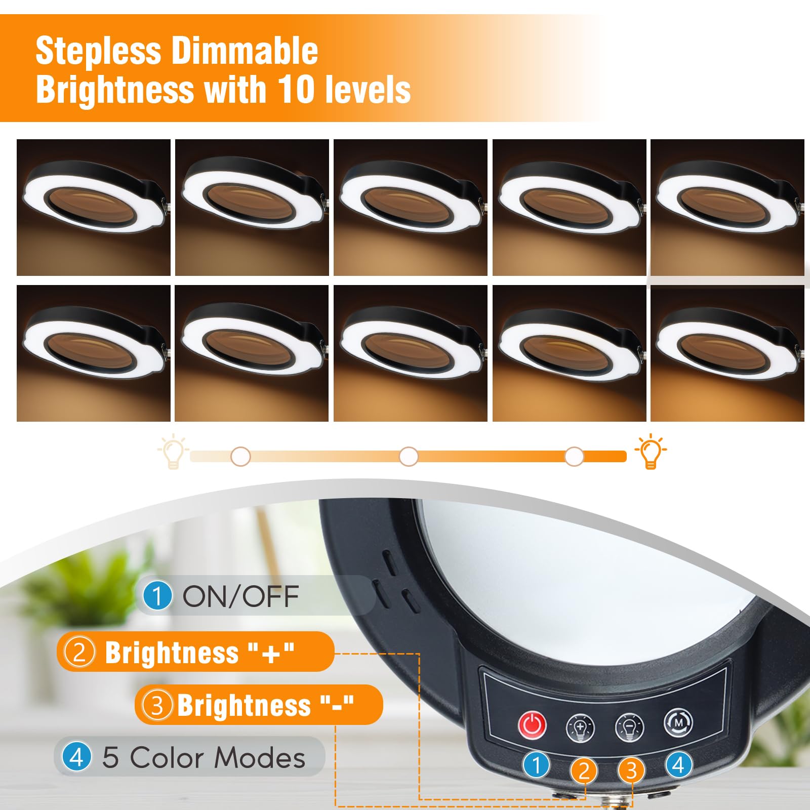 HYEIOL LED Magnifying Glass with Light,5 Color Modes 10 Brightness Dimmable Magnifying Lamp with Desk Clamp - Image 4