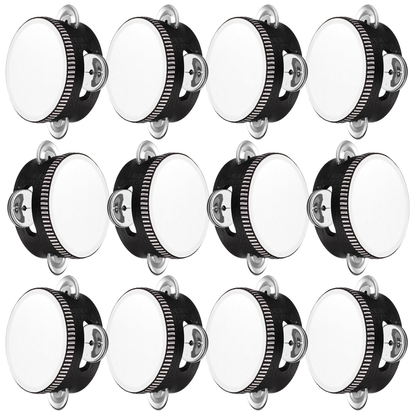 12 panderetas de boda de 4 pulgadas para adultos, regalo de percusión de mano, cascabeles de madera y metal, instrumento educativo musical para iglesia, boda, fiesta, juegos (negro)