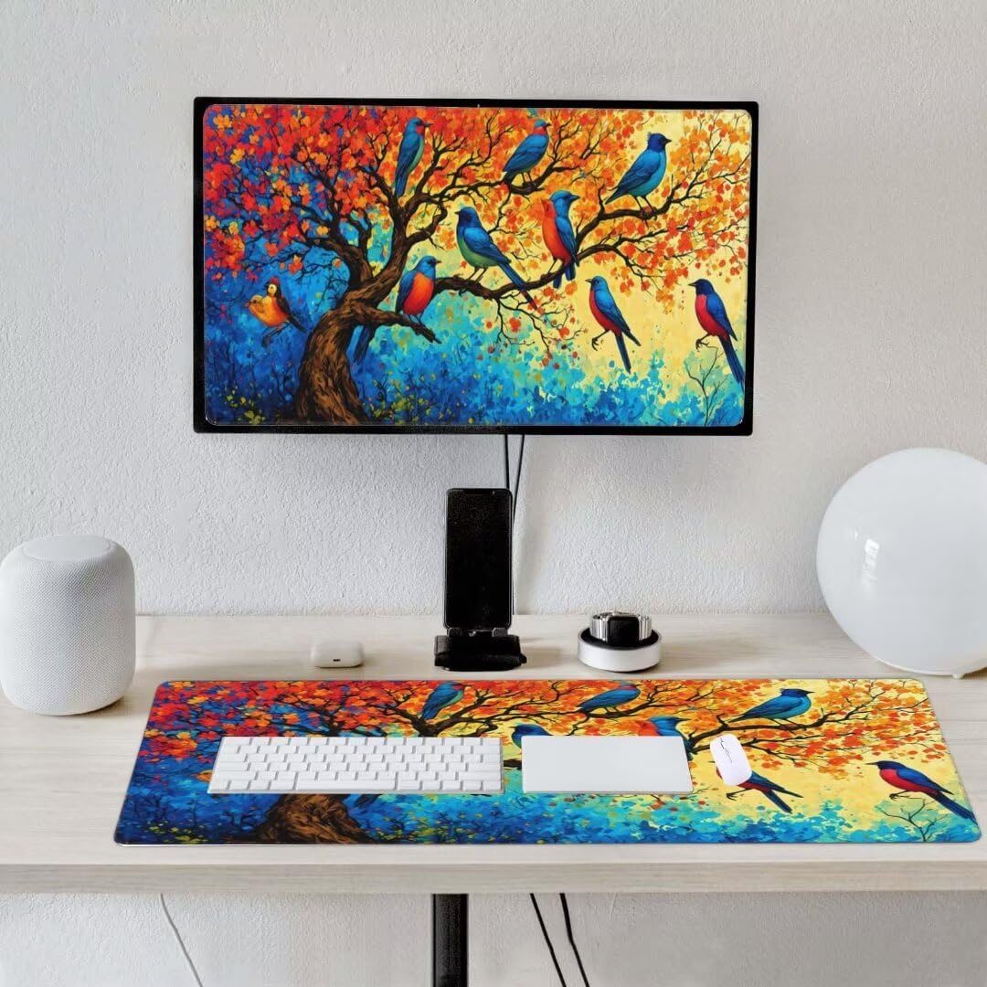 Alfombrilla de ratón 1400x600x3 MM, Alfombrilla Ratón XXL Extendida de Gran Tamaño con Bordes Cosidos, Base de Goma Antideslizante Almohadilla para Teclado, Árbol y pájaro S-10985
