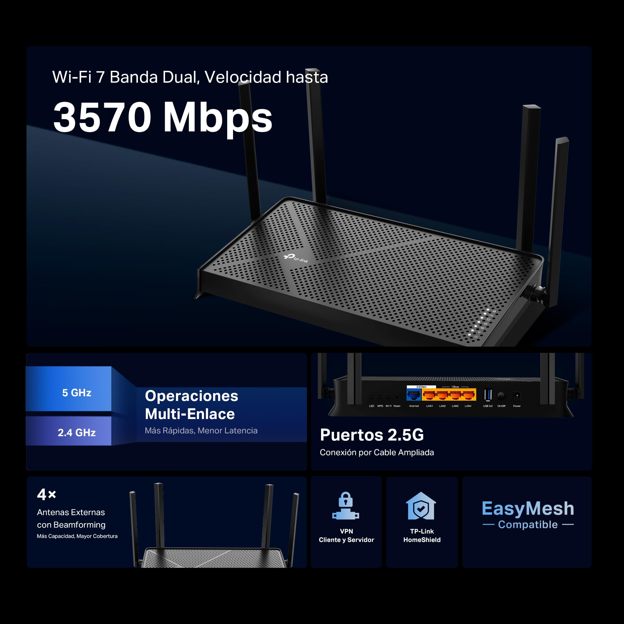 TP-Link Archer BE3600 - Router Wi-Fi 7 AX3600, Doble Banda 3570 Mbps, 2 Puertos 2.5 Gigabit, USB 3.0, EasyMesh, Cliente y Servidor VPN, HomeShield, Router para Hogar y Gaming