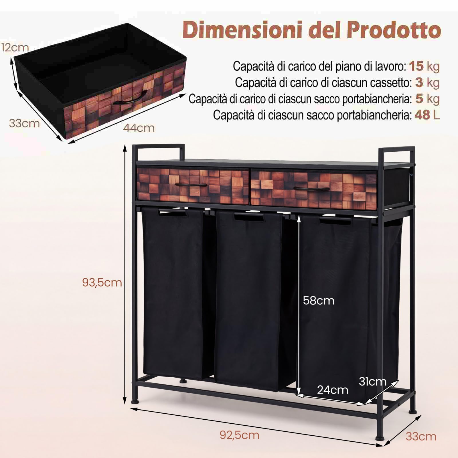COSTWAY Cesto Biancheria Sporca 144 L a 3 Scomparti (Senza Ruote)