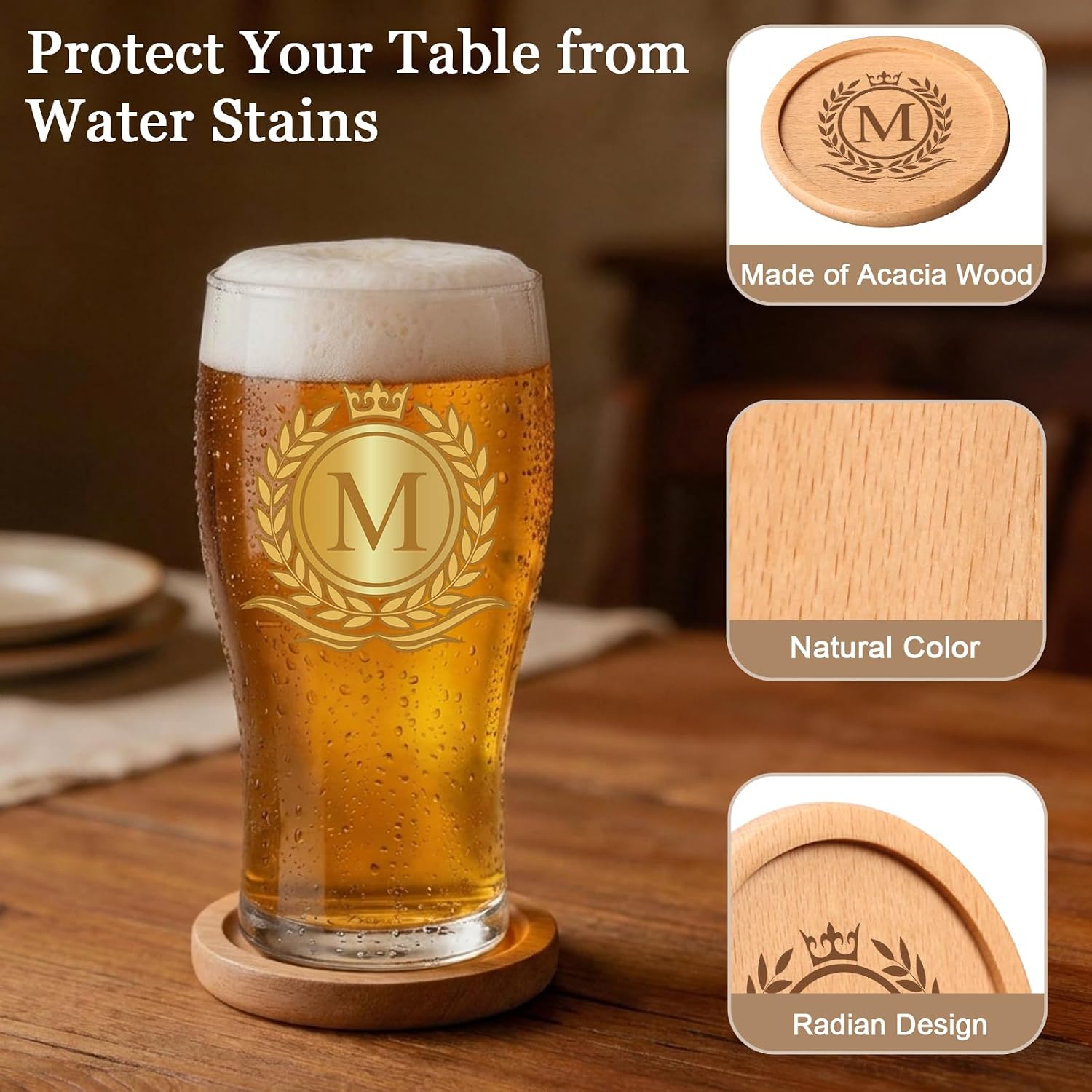 Personalized Beer Glasses Gifts for Men, Monogrammed Engraved A-Z 16 oz Beer Glass Customized Gift, Unique Father's Day Birthday for Men Him Dad Husband Brother Son with Wood Coaster & Bottle Opener