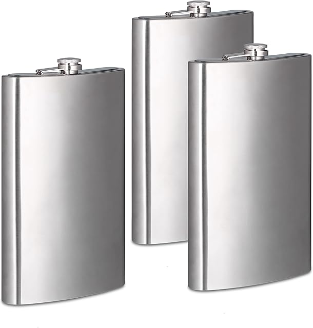 3 x piersiówka XXL ze stali nierdzewnej, olbrzymia piersiówka o pojemności 1800 ml, klasyczny wzór piersiówki, srebrny