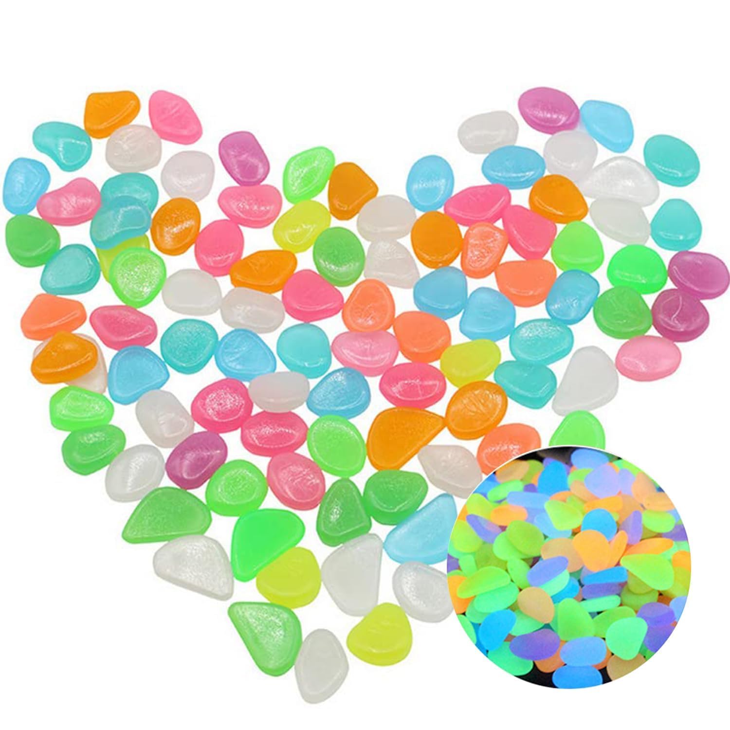 Glow in The Dark Pebbles Stones Set - 200 Pieces Multicolor Radium Decorative Rocks for Aquarium, Fish Tank, Vase Fillers, Garden Pathway, Plant Pots and Home Decoration Accessories-picture-13