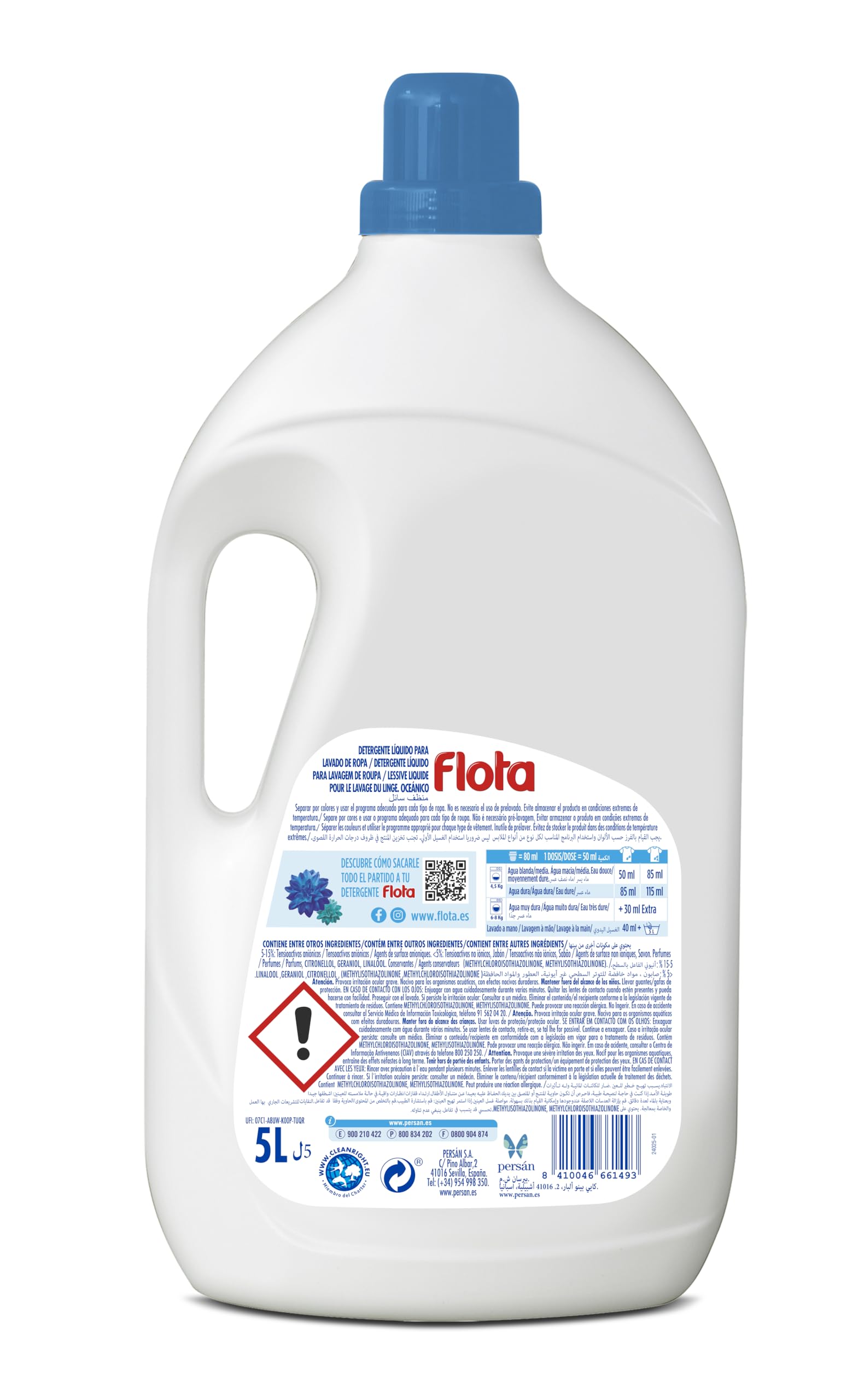 FLOTA OCEÁNICO | Detergente Líquido Quitamanchas incluso en Agua Fría para Lavadora | Ropa Blanca y de Color | Formato Familiar 2x100 Lavados