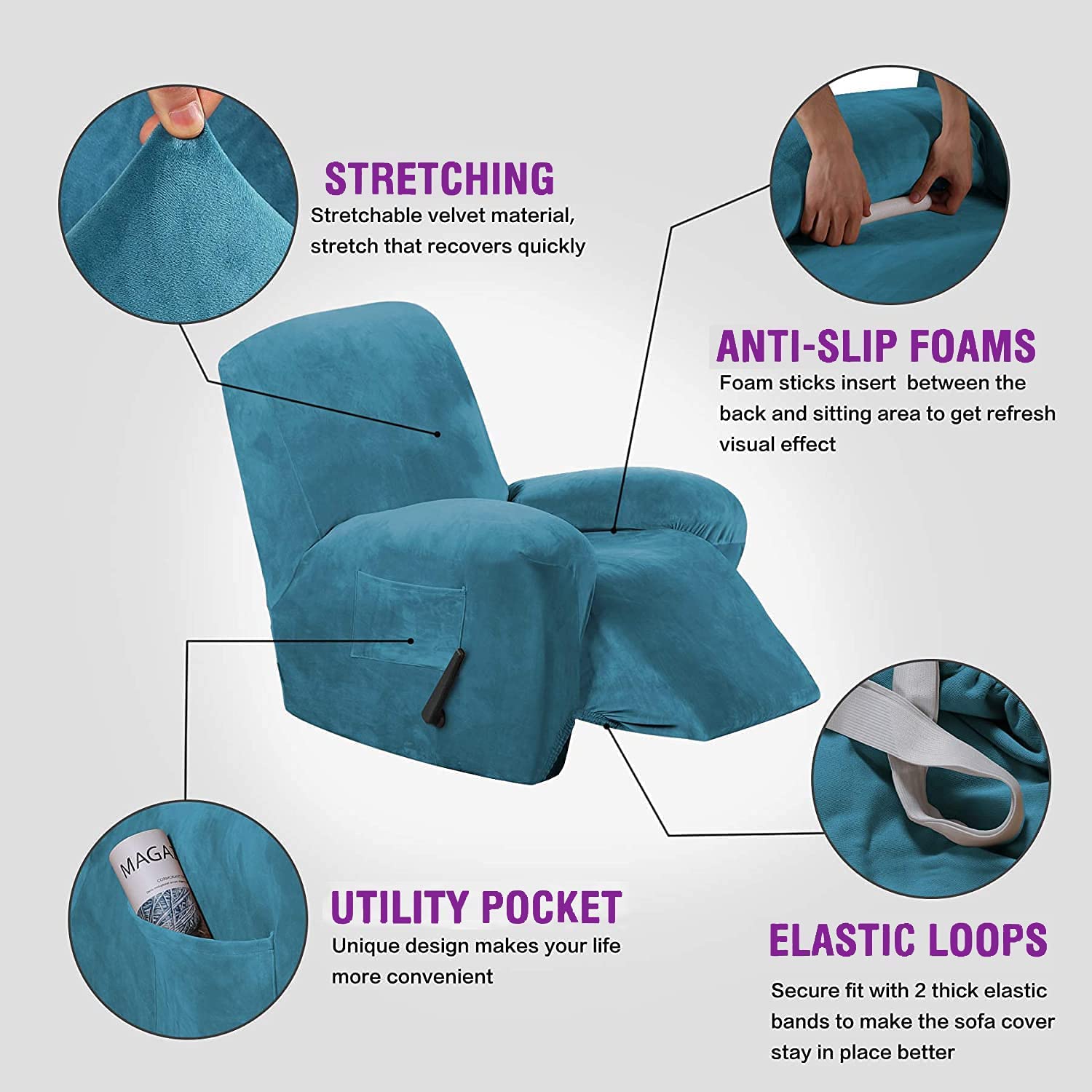 Fundas Reclinables de Terciopelo Funda de Sofá Reclinable Elástica Fundas Reclinables para Sillas Supersuave Funda de Sillón Lavable Antideslizante con Bolsillo Lateral para Sala de Estar