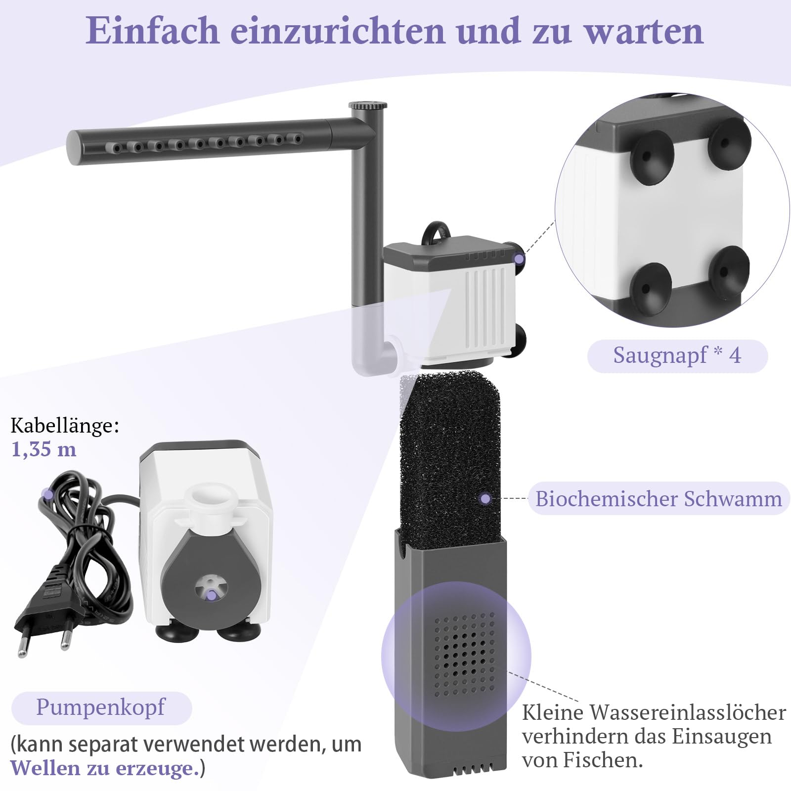 8W 12W Leistungsstarker Aquarienfilter für 40–180L Aquarien, Leise 3-in-1 Aquarium Filter, 400LPH 700LPH Einstellbarer Aquarium Innenfilter für Schildkröten-/Garnelen-/Zuchtbecken