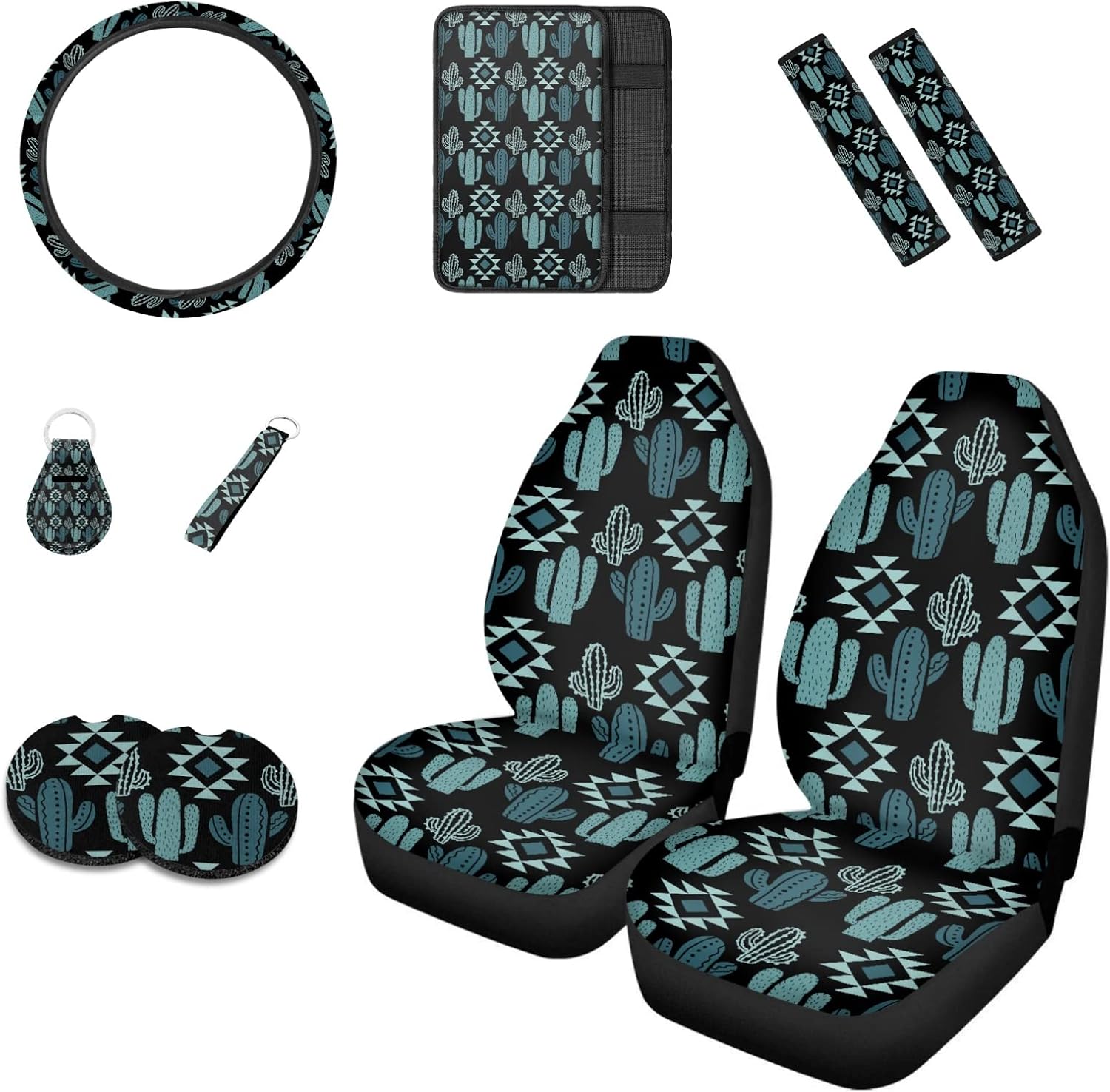 Howilath Green Aztec Cactus Print Car Seat Covers/Steering Wheel Cover/Seatbelt Pads/Coasters/Keychain/Armrest Cushion, 10pcs Auto Interior Accessories