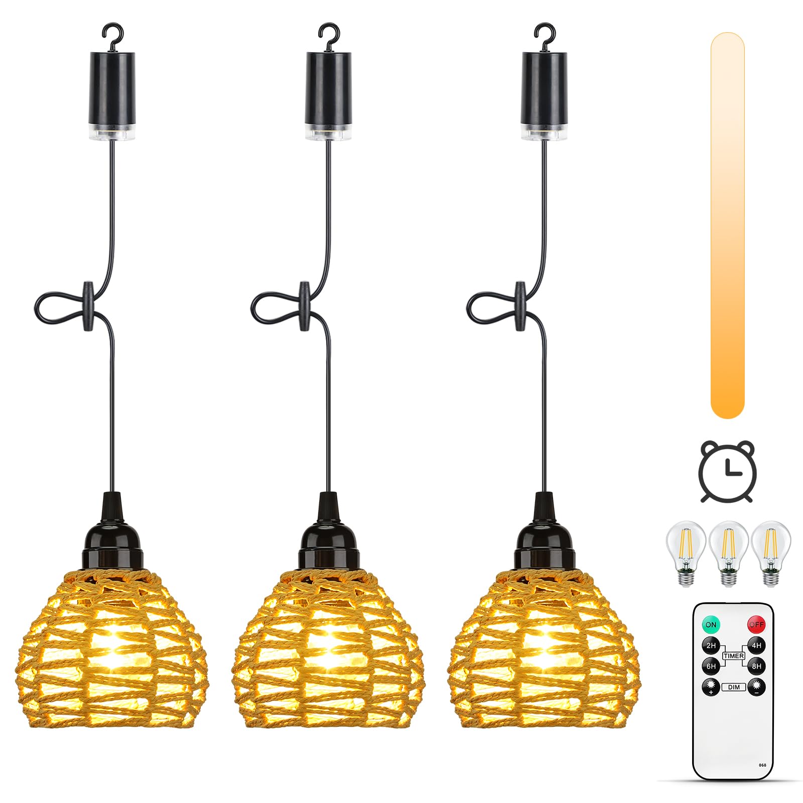 Lampada a Sospensione a Batteria, 3 Lampadario Rattan da Esterno Con Telecomando, Regolabile, Timer, IP65 Impermeabile Per Interni Gazebo Giardino Campeggio pranzo