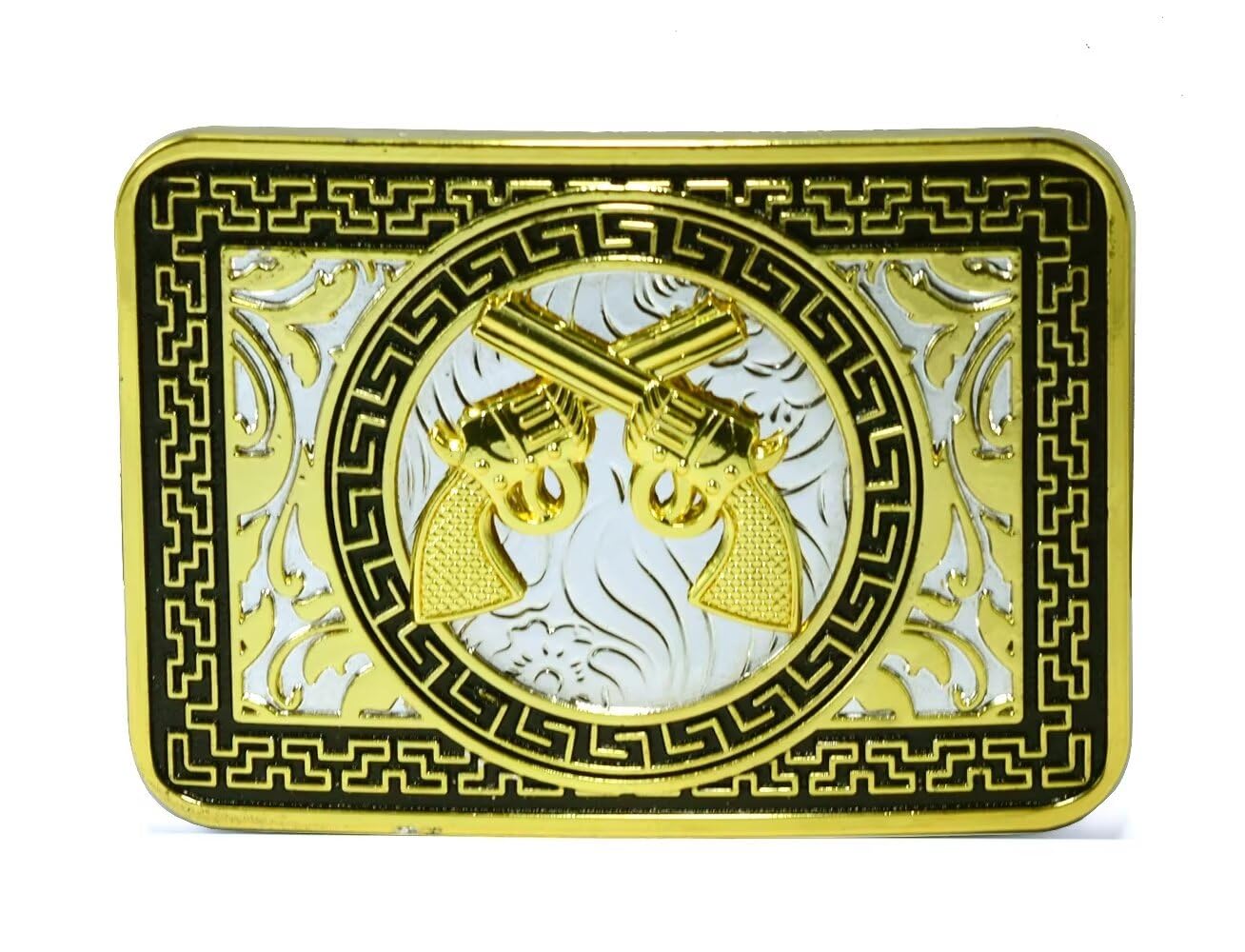 GURANSE Dart Double Guns Belt Buckle With Golden Border Acanthus Flower Western Cowboy Style