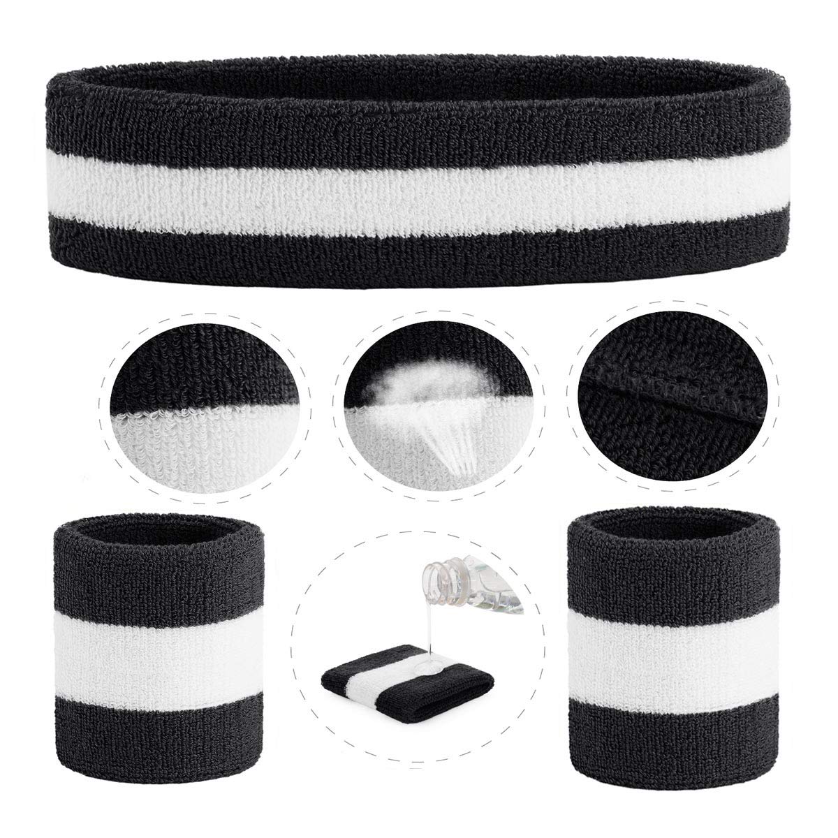 ONUPGO Schweißband-Set, Sport-Stirnband, Armband-Set (6 Stück) Schweißbänder aus Frottee, Schweißband, Stirnband, Feuchtigkeitstransport, Schweißabsorbierendes Stirnband