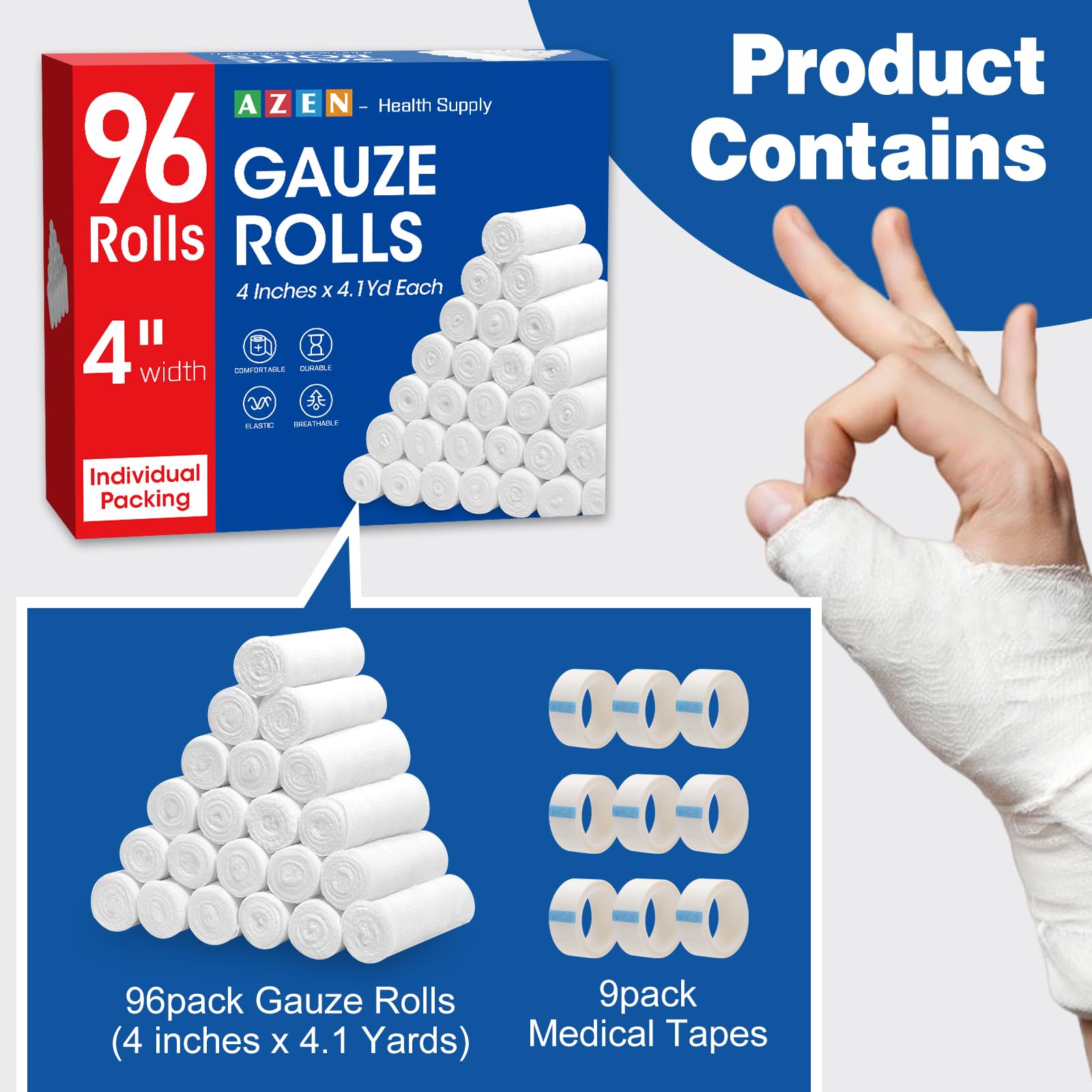 AZEN 96 Pack Gauze Rolls Bandages, 4 in x 4.1 Yards, Premium Medical Supplies & First Aid Supplies, Bandage Wrap Vet Wrap, Mummy Wraps — Amazon image 2