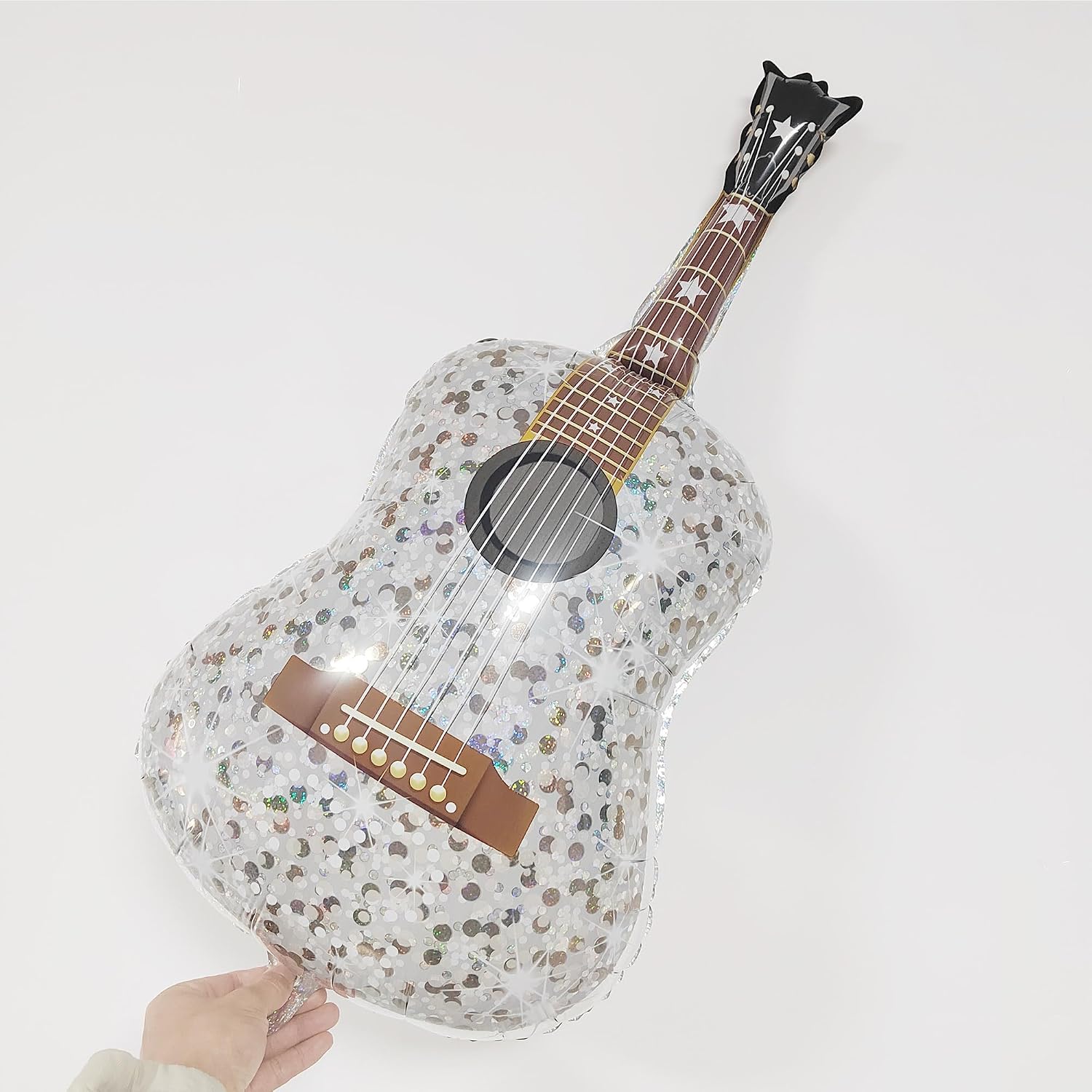 Large Inflatable Guitar Balloons 35 Inch 3 Pack Glitter Guitar Foil Balloons with Confetti Shiny Silver Disco Music Balloons for Rock Star Theme Birthday Party Concert Dance Decorations