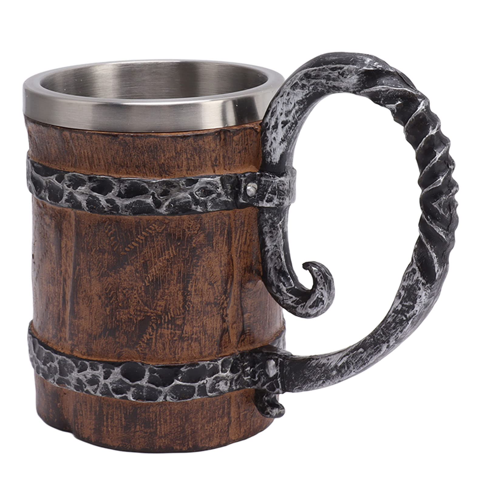 Srliya Chope à Bière Viking en Résine de Style Médiéval, Chope en Bois pour Bar, Restaurant, Décoration D'intérieur, Acier Inoxydable 304, Double Paroi pour Boissons Chaudes et Froides, 4,9 X 3,7