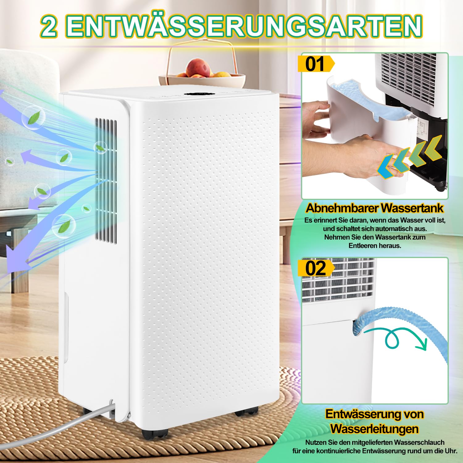 Osuszacz powietrza o pojemności 16 l na 24 h, do pomieszczeń ok. 160 m³ 60 m²), 4 tryby pracy, wskazówki dotyczące temperatury i rury wydechowej, funkcja timera i