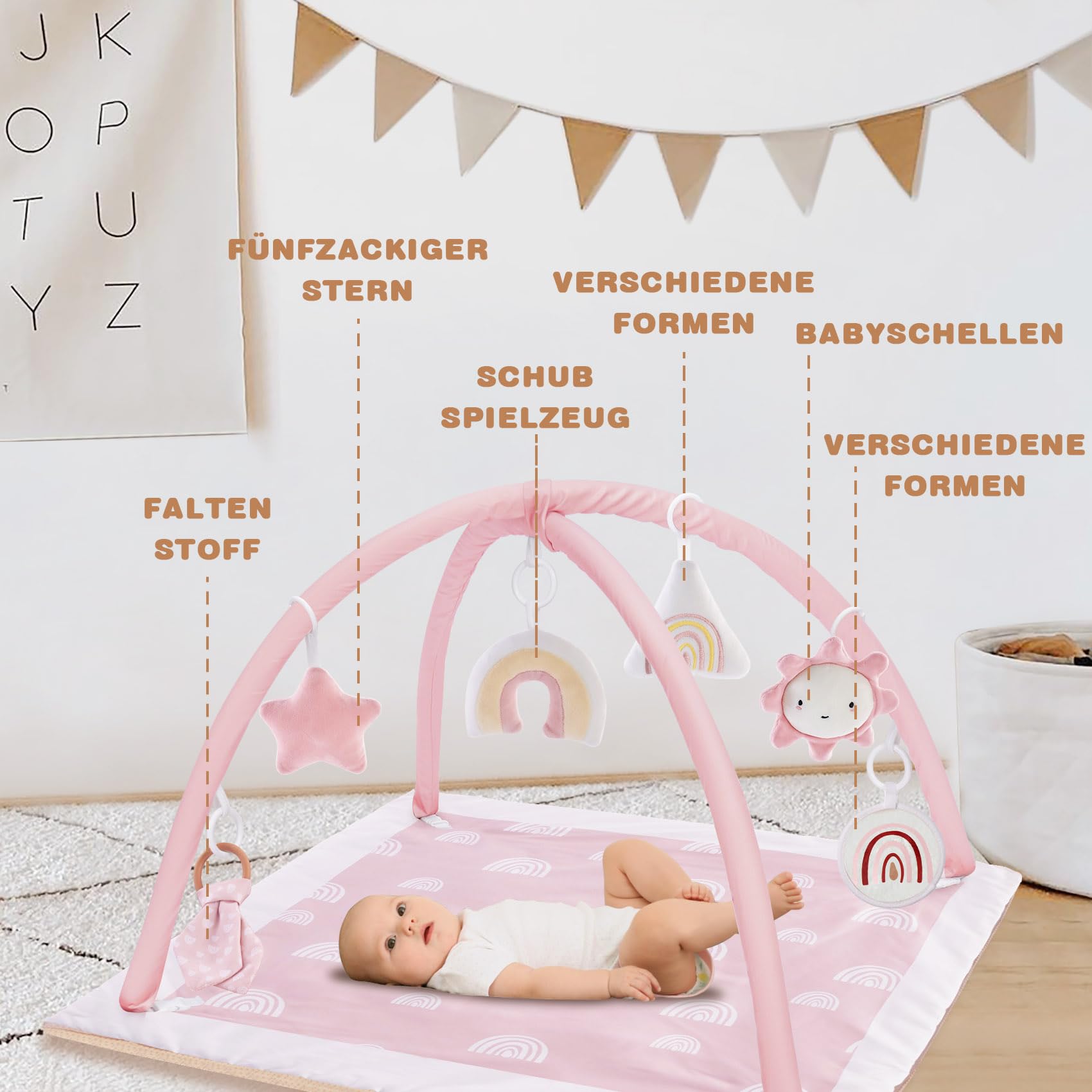Mallify Spielbogen Baby Mädchen, Krabbeldecke mit Bogen und 6 abnehmbaren Spielzeugen und 12 Meilensteinkarten, Spieldecke baby ab Geburt, Baby Gym 0-6 Monate, Rosa