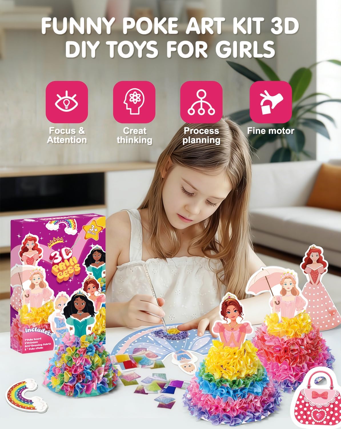 Zivorin Poke Art Craft Kit for Girls, 3D Princess Ornament DIY Set, Princess Crafts for Girls 4-6, Creative Poke Art Supplies for Kids Ages 4-8, Ideal Christmas Birthday Easter Gifts
