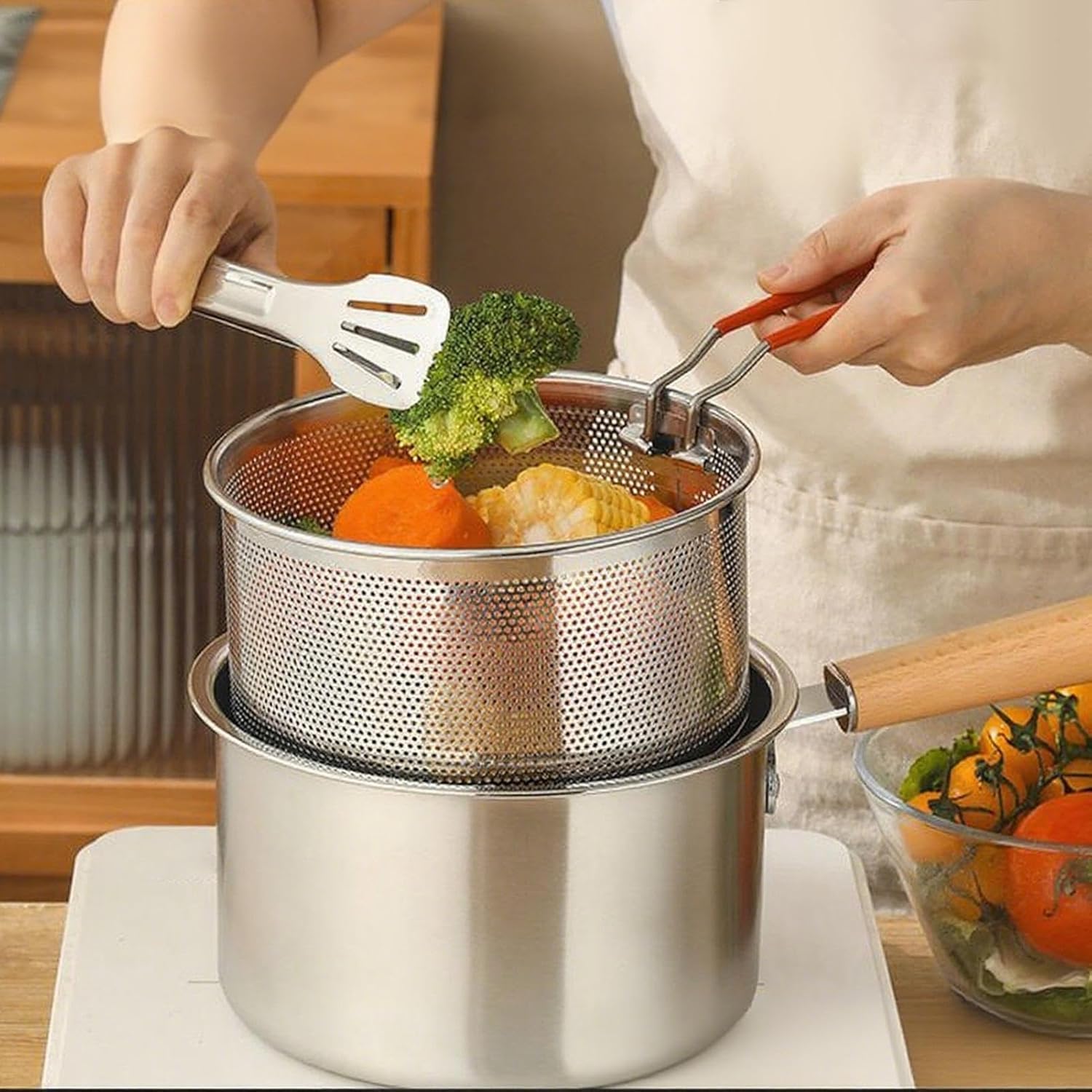 Pentola Fritto Multifunzionale In Acciaio Inox 304 Con Cestello E Coperchio, Friggitrice Per Patatine Fritte, Pollo, Pesce E Frutti Di Mare, Scarico Olio Facile (Pot with Lid & Frying Basket)
